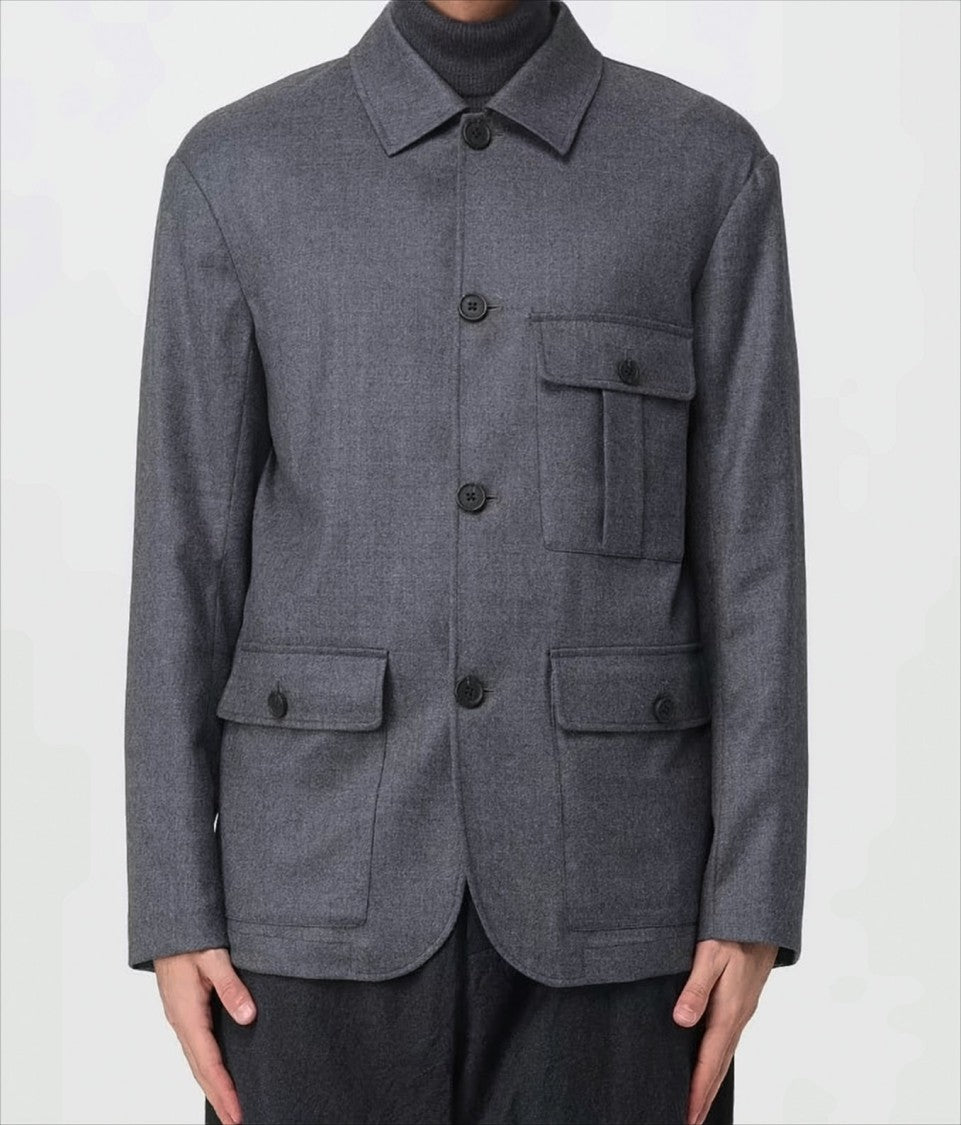 Emporio Armani Wool Twill Jacket With Structured Shirt Collar