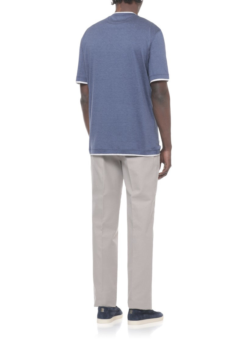 Brunello Cucinelli Blue Contrasting Trims Silk-Blend T-Shirt