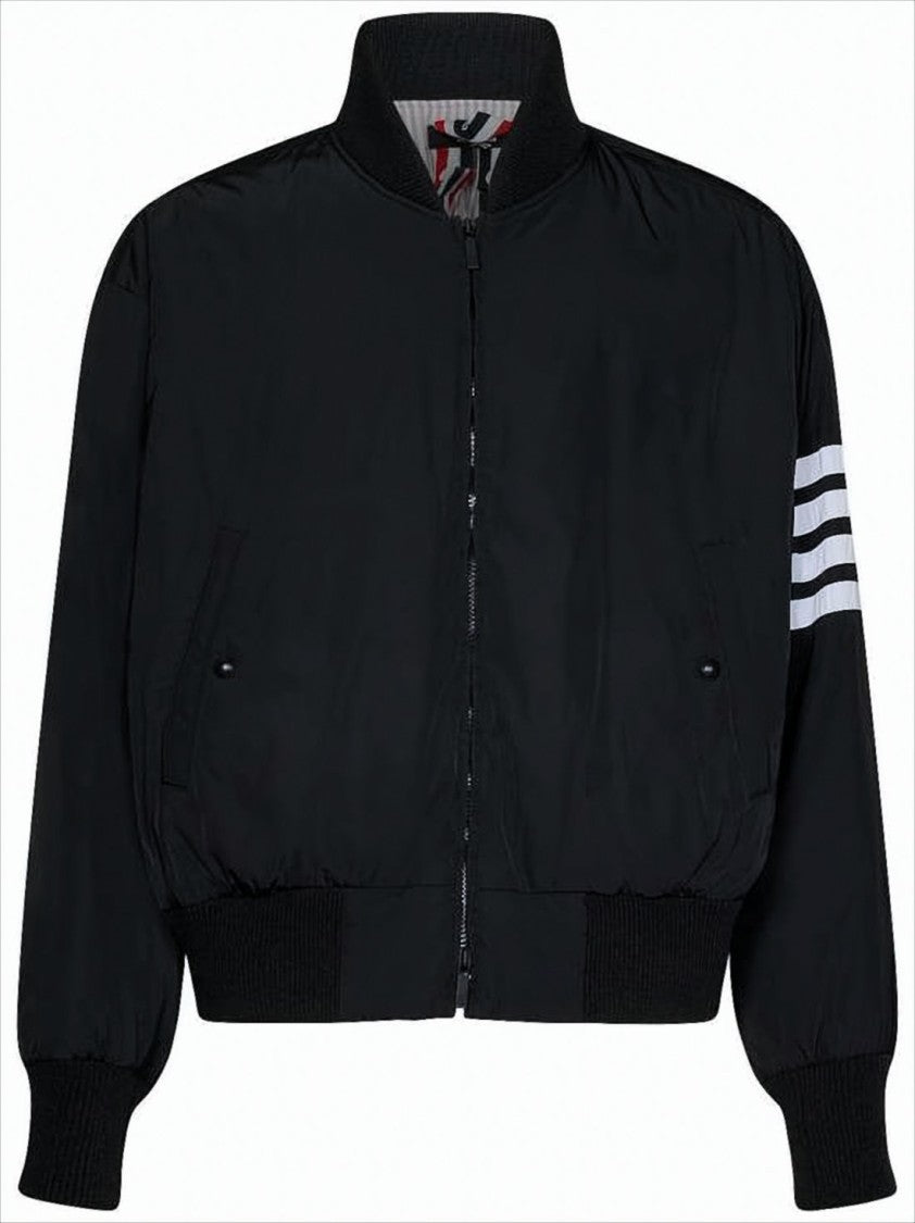 Thom Browne Sleek Black Bomber Jacket With Bold Stripe Detail