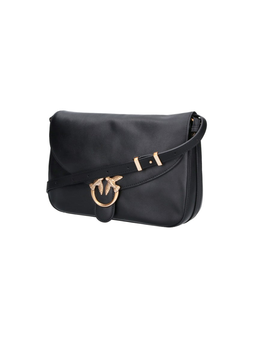 Pinko Black Leather Love Birds Flap Shoulder Bag