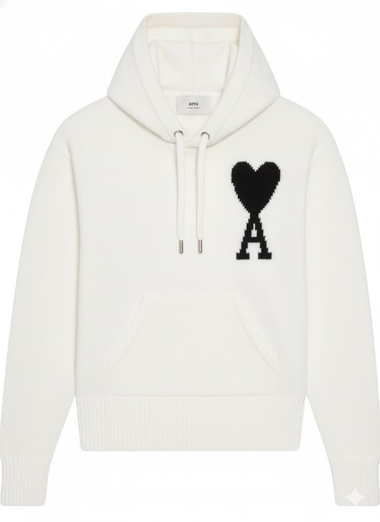 Ami Paris Wool Knit Hoodie With Signature Heart Logo