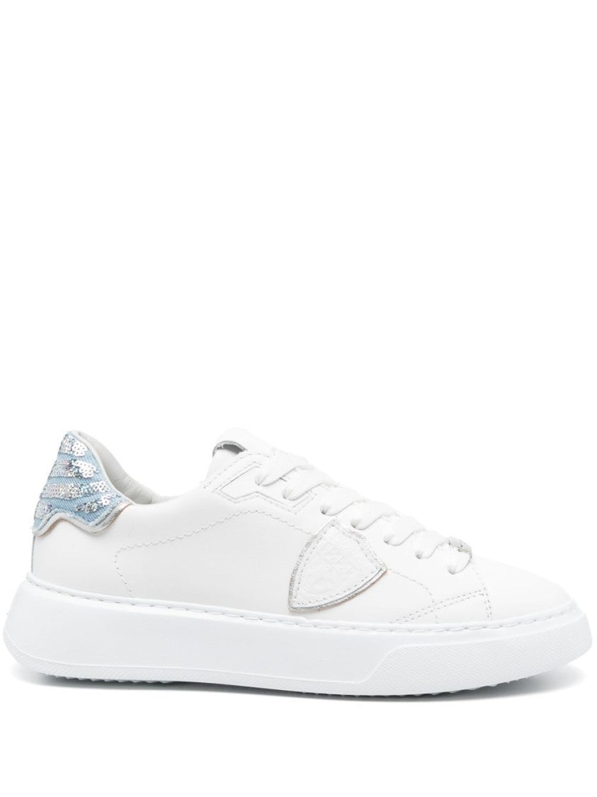 Philippe Model White Leather Sneakers with Textured Blue and Silver Accents
