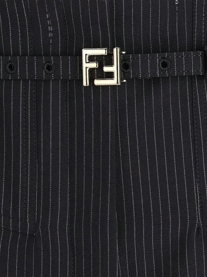 Fendi Pinstripe Wide-Leg Wool Blend Trousers With Logo Buckle