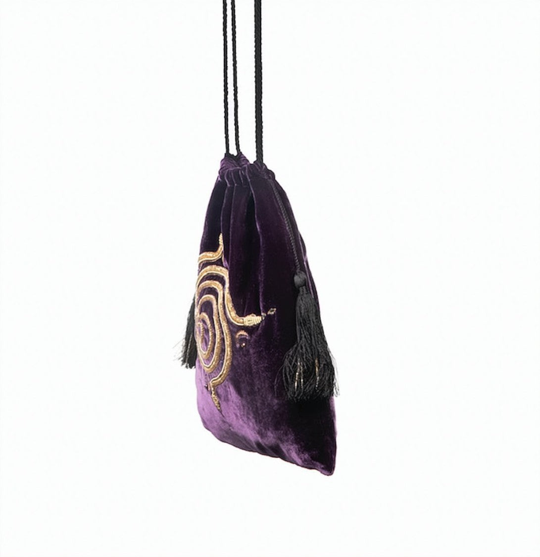 Hamoulet Amethyst Velvet Bucket Bag With Gold Embroidery And Tassels