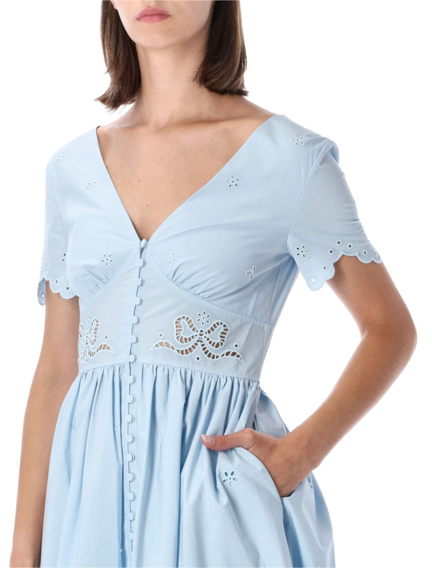 Self-Portrait Blue Embroidered Cotton Midi Dress