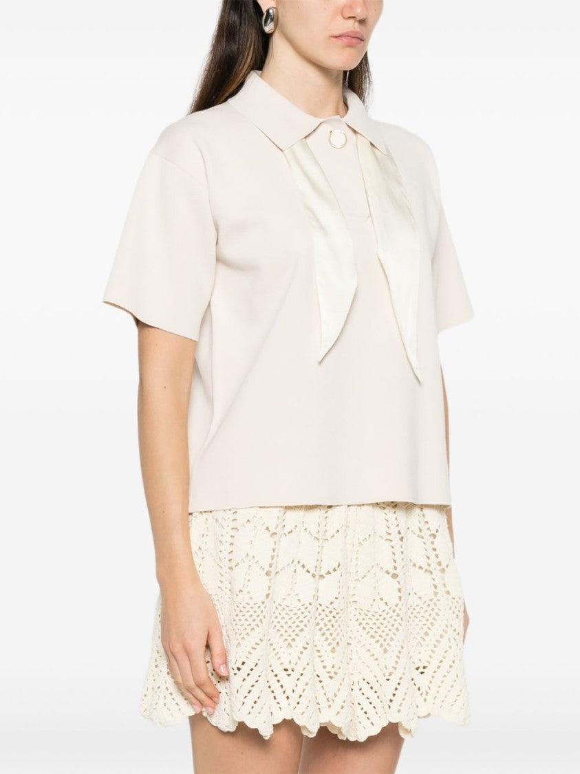 Forte Forte Cropped White Polo T-Shirt With Satin-Like Scarf Detail