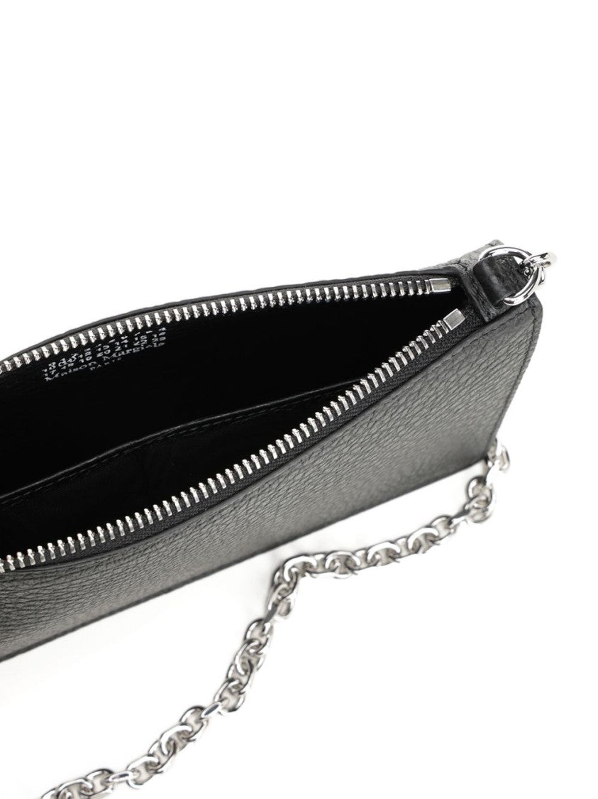 Maison Margiela Textured Black Wallet With Silver Chain And Unique Stitching
