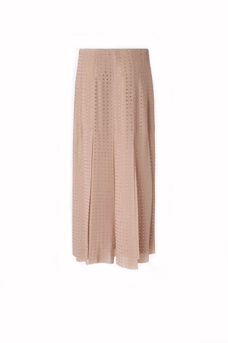 Pinko Beige Fringed Hem Allover Rhinestone Georgette Midi Skirt