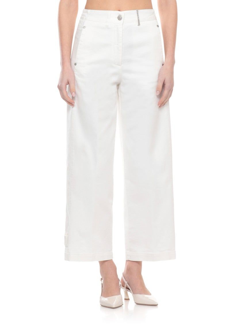 Panicale Ivory Cotton Embellished Straight-Leg Pants