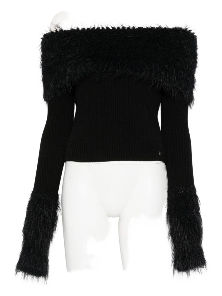 Jean Paul Gaultier Black Fur Trim Off-Shoulder Sweater