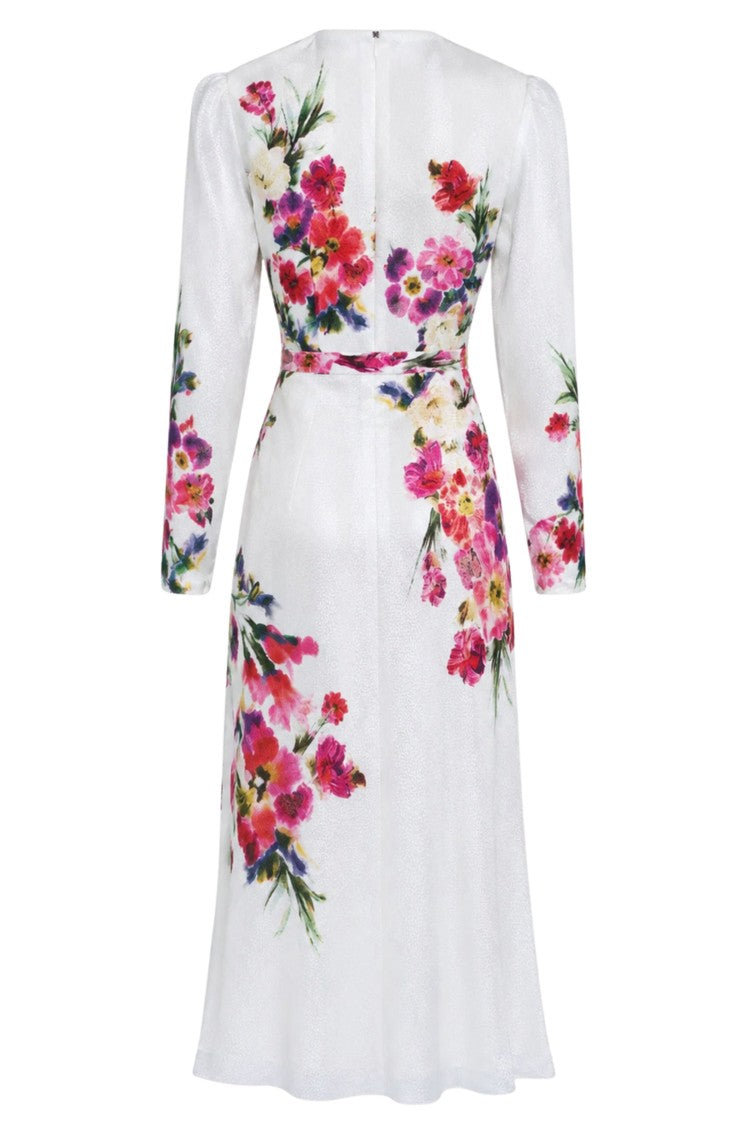Saloni White Claudia Teardrop Knot Floral Printed Silk Midi Dress