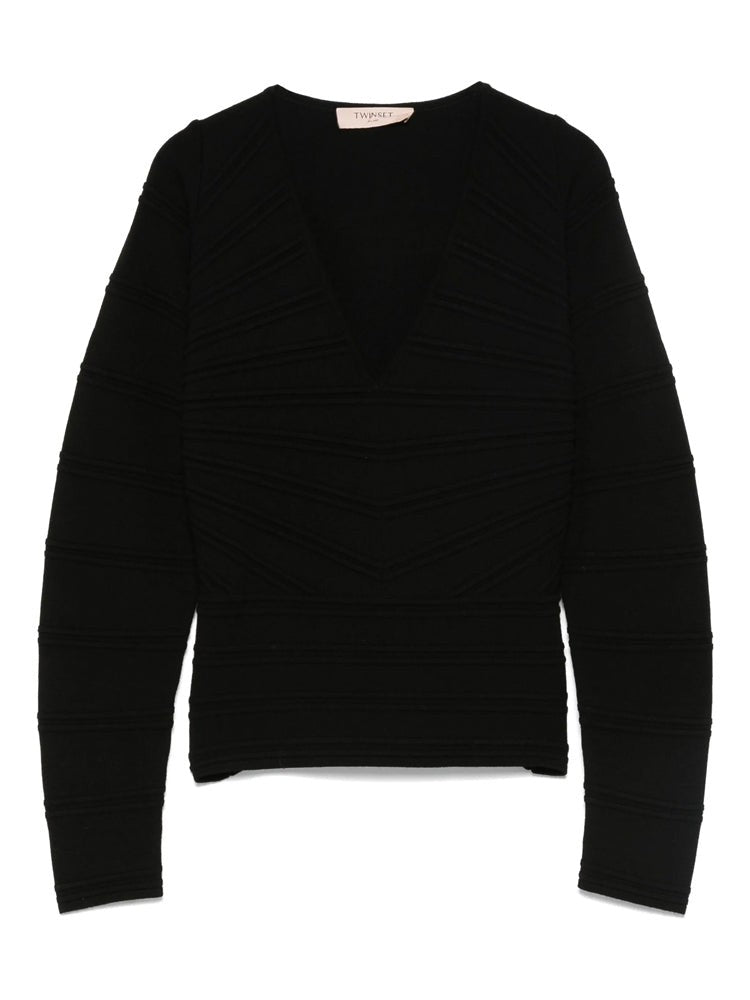 Twin-Set Textured Black Knitted Sweater With Deep V-Neckline And Cropped Fit