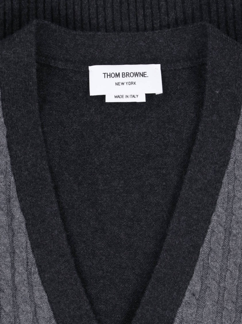 Thom Browne Cable Knit Button-Up Front Ribbed Detailing Cardigan