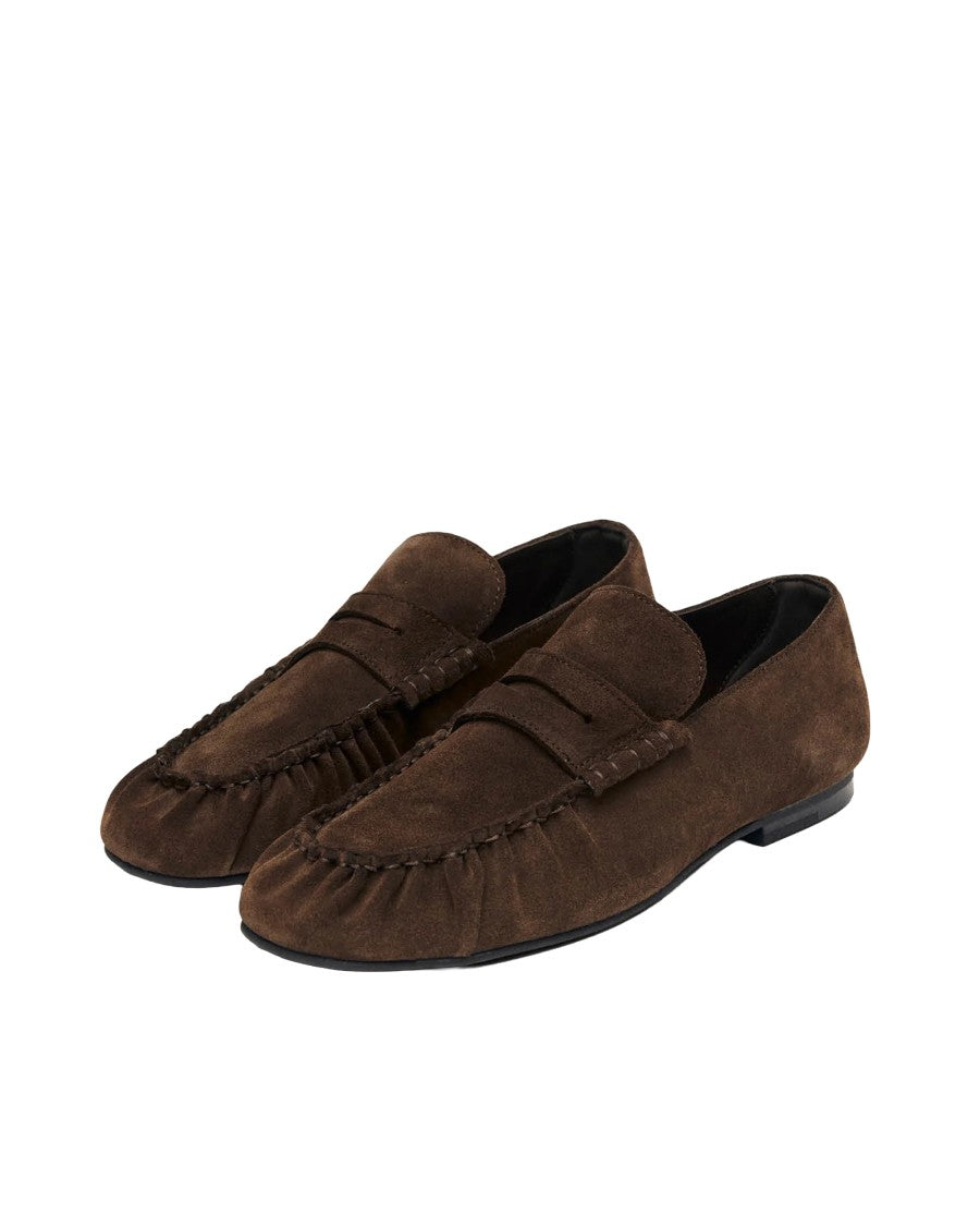 Alohas Penny Strap Brown Suede Moccasins With Detailed Stitching