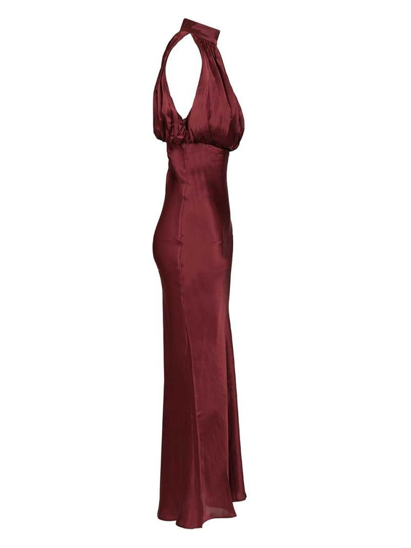 Rotate High Gathered Neckline Silk Maxi Dress