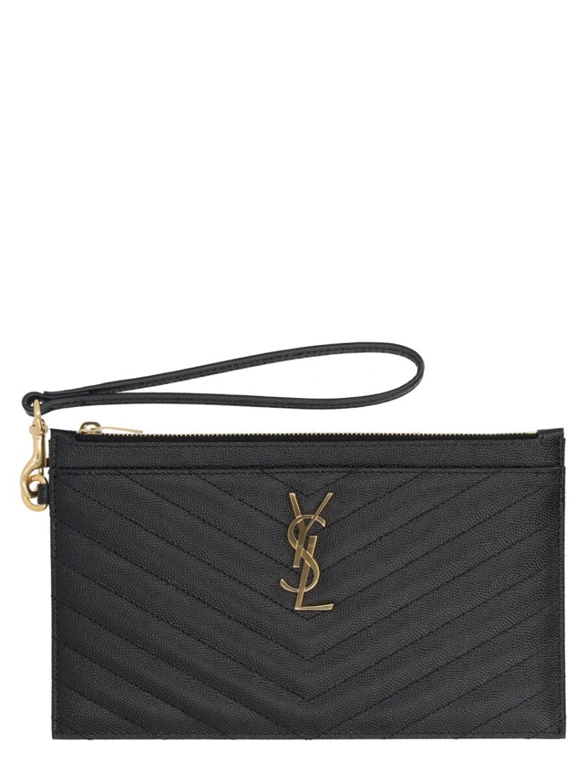 Saint Laurent Large Chevron Quilted Pouch With Interlocking Logo And Wrist Strap
