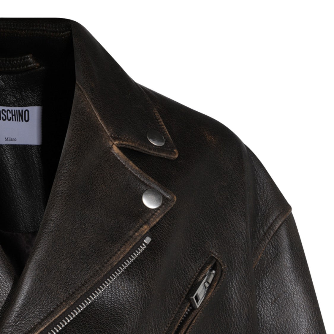 Moschino Distressed Dark Brown Leather Biker Jacket