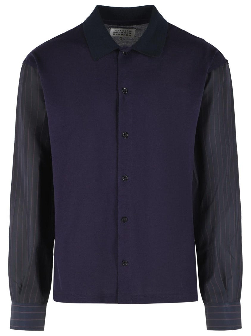 Maison Margiela Ribbed Polo Cotton Shirt With Cupro Striped Sleeves