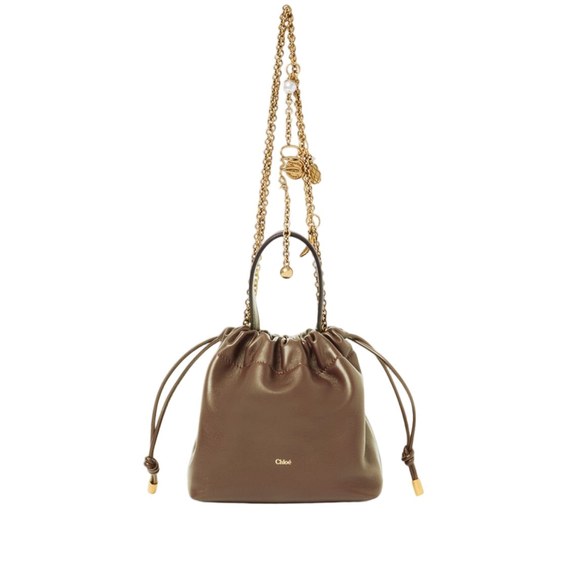 Chloé Mini Leather Shoulder Bag With Drawstring Closure And Decorative Chain