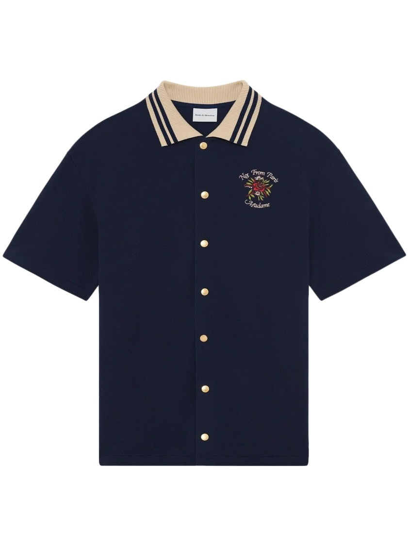 Drôle De Monsieur Short-Sleeved Navy Pique Shirt With Contrasting Beige Collar