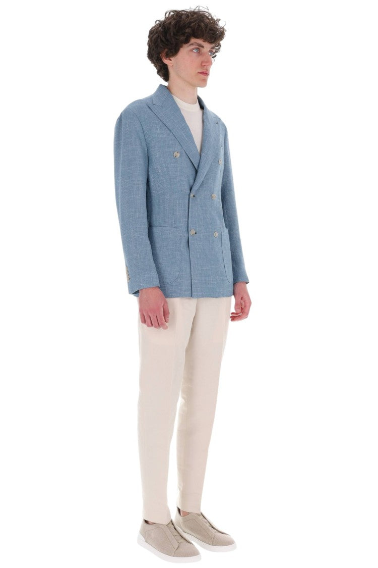 Barba Light Blue Double-Breasted Textured Blazer