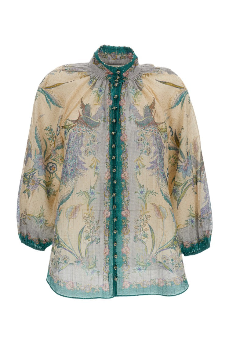 Zimmermann Cream Indra Billow Floral Cotton-Silk Blouse