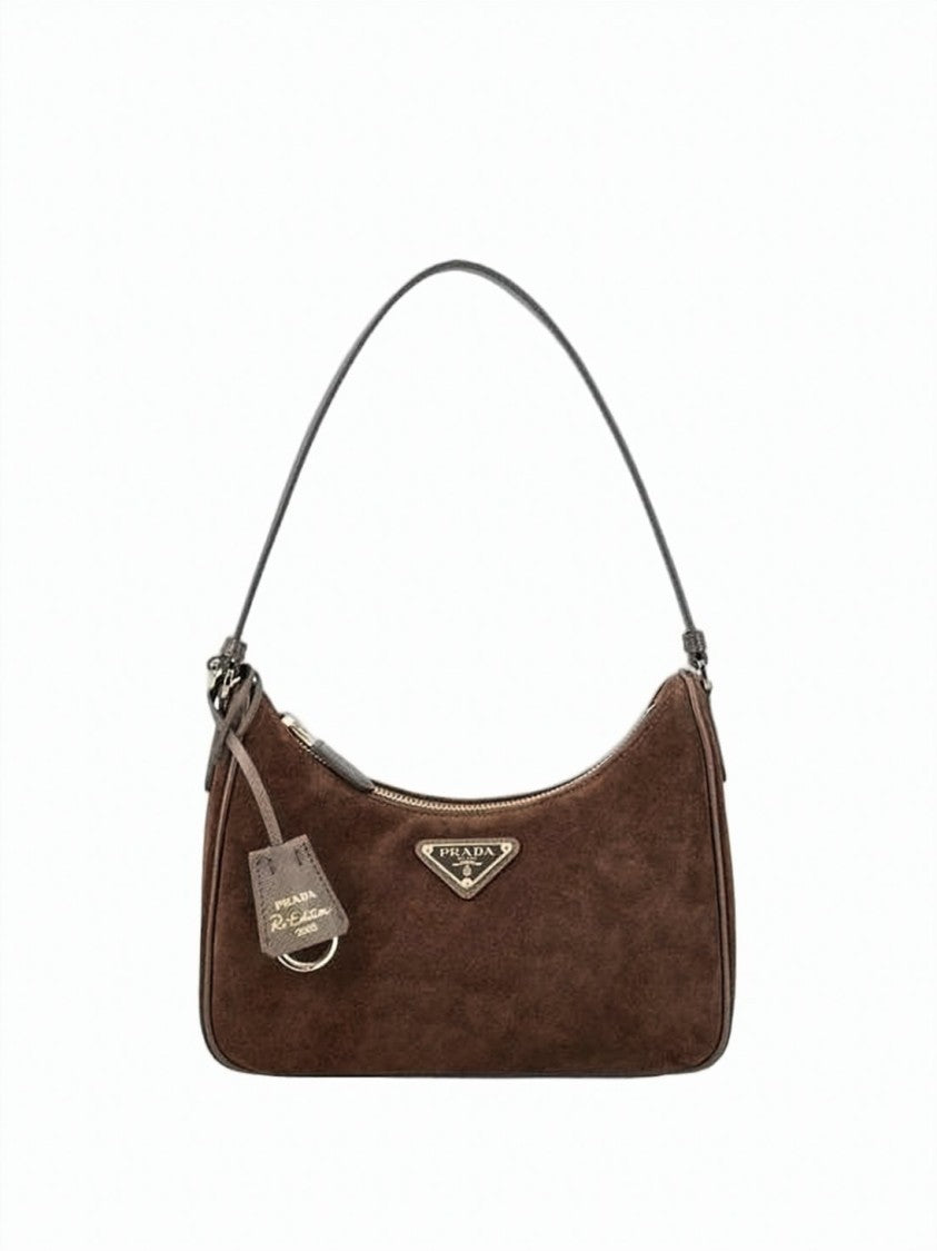 Prada Rectangular Suede Shoulder Bag With Triangular Logo