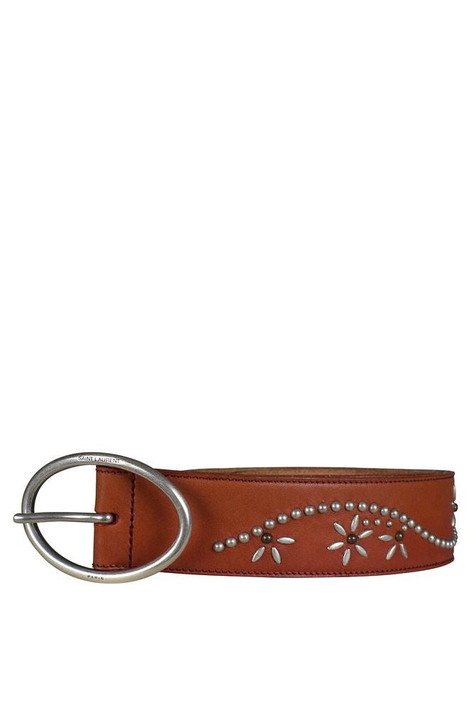 Saint Laurent Brown Leather Belt With Silver Flower Studs