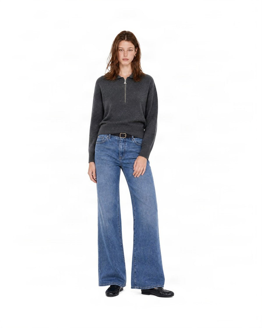 Patrizia Pepe Long-Sleeve Ribbed Zip Knit Polo Shirt