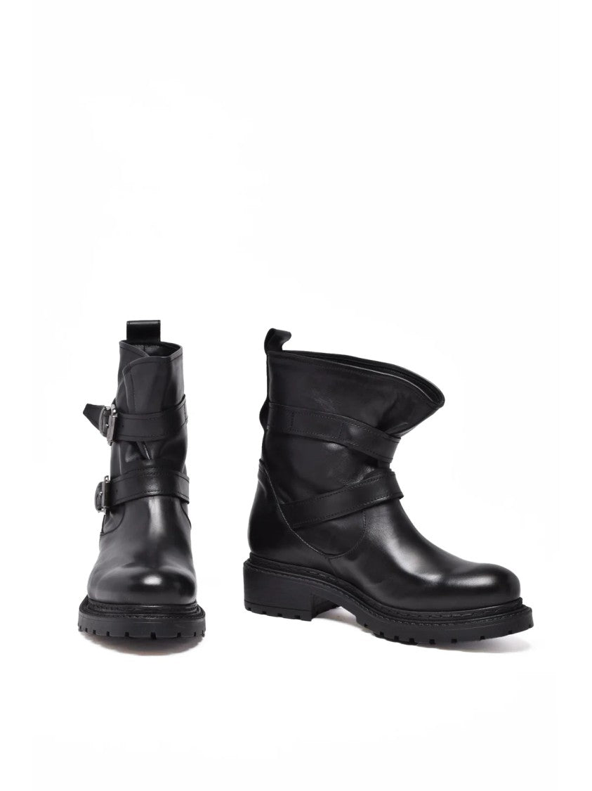 Metisse Black Leather Buckle Biker Boots