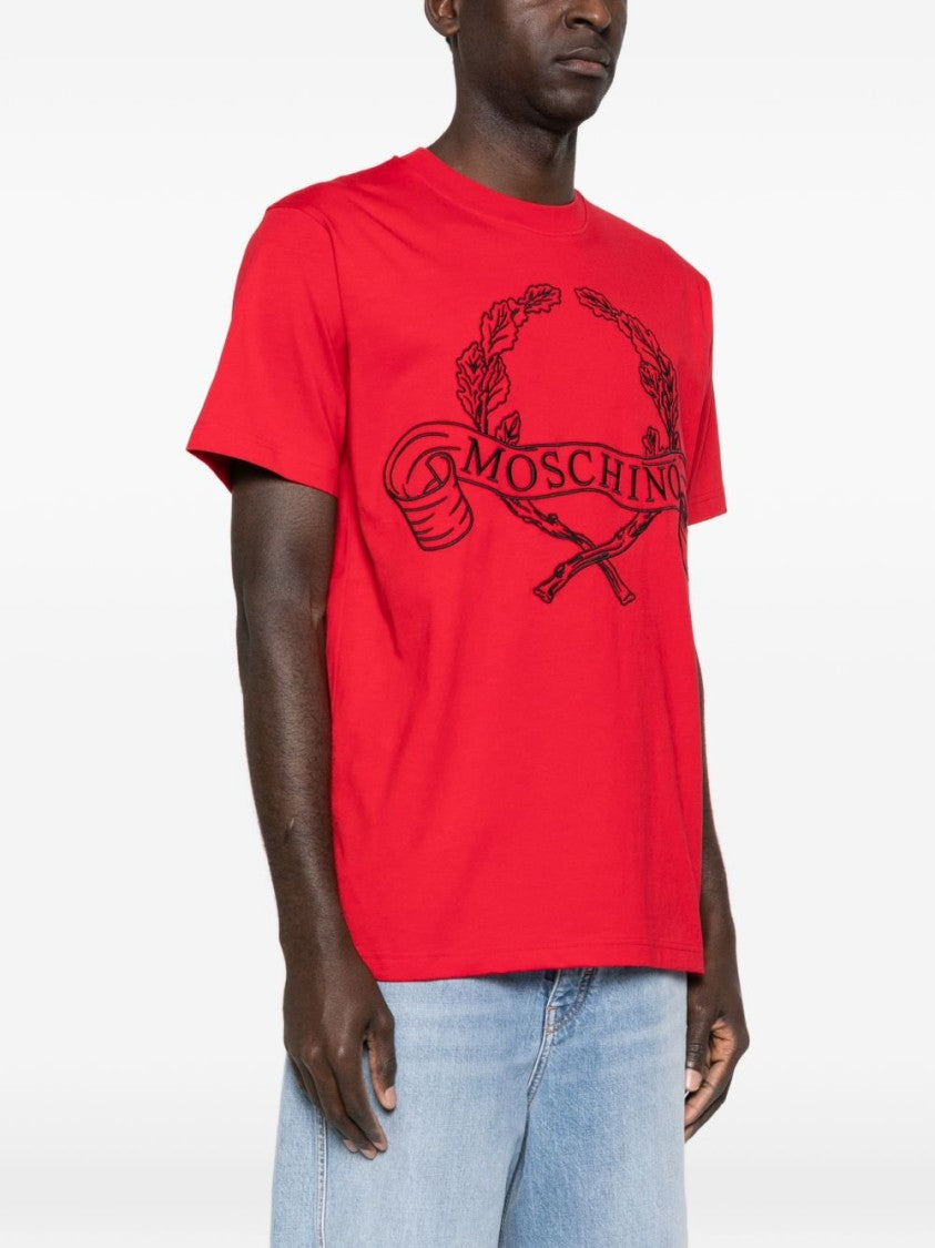 Moschino Red Wreath Design Graphic Silk T-Shirt