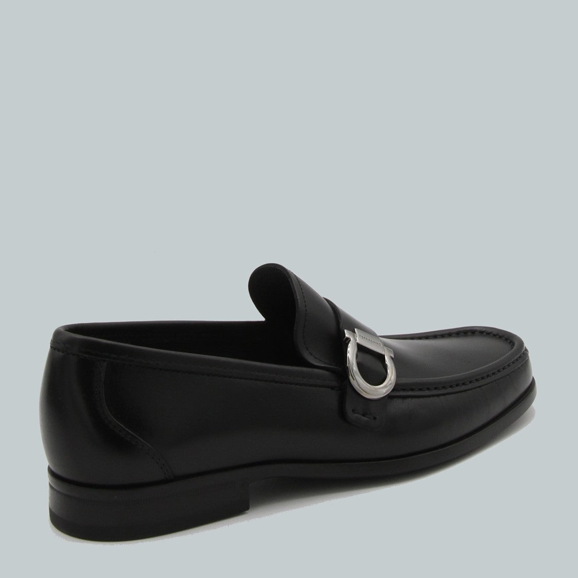 Ferragamo Refined Black Leather Loafers With Silver Buckle Detail