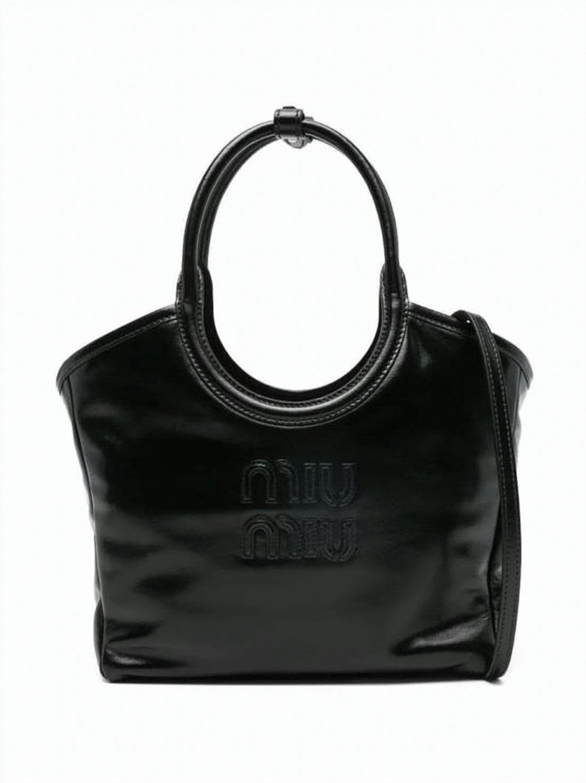 Miu Miu Black Smooth Calf Leather Embossed Logo Bag