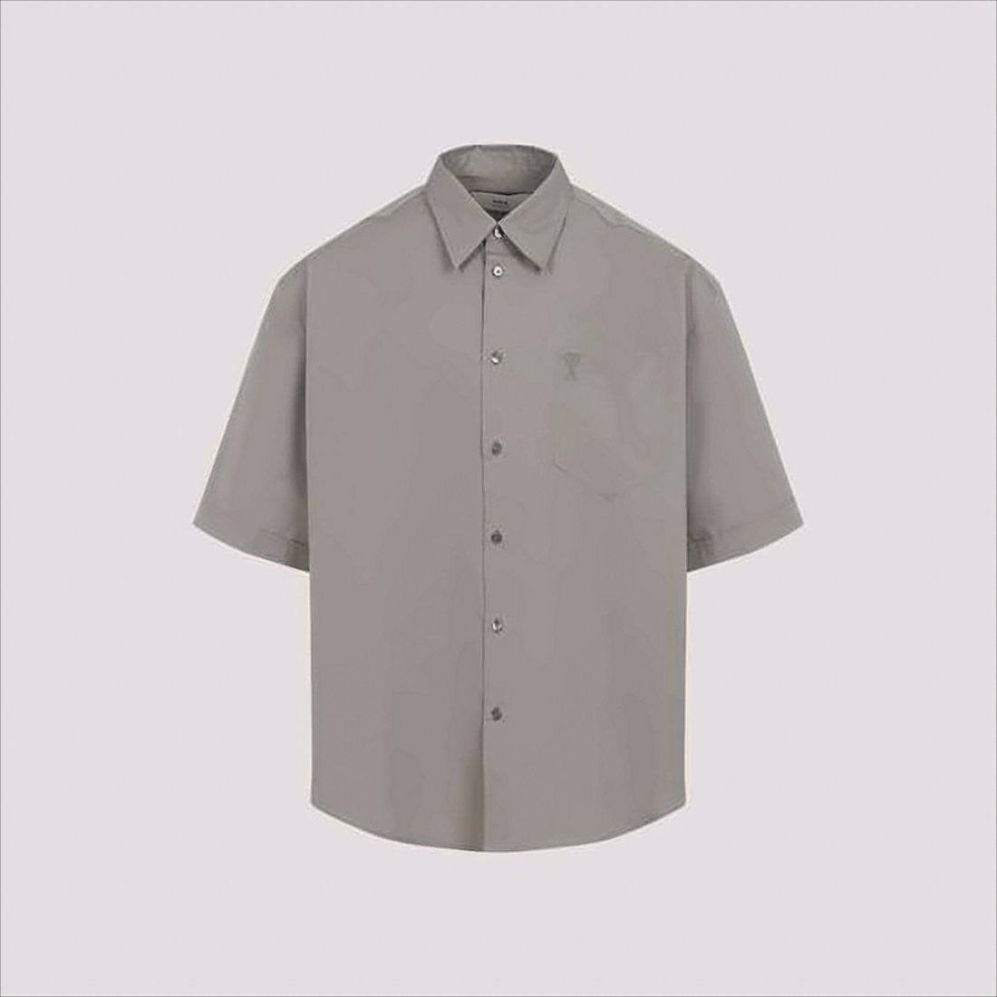 Ami Paris Short-Sleeve Grey Classic Cotton Shirt With Embroidered Detail