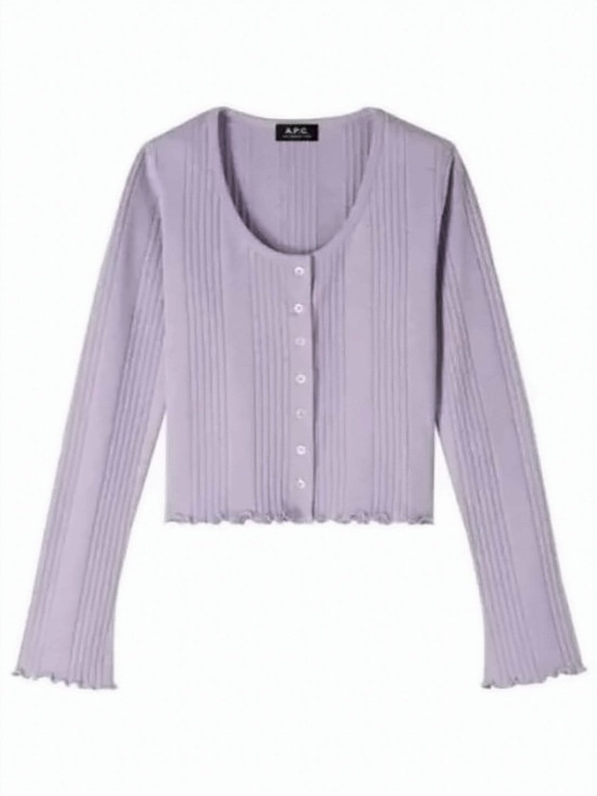 A.P.C. Cropped Ribbed Knit Cardigan With Ruffled Hem