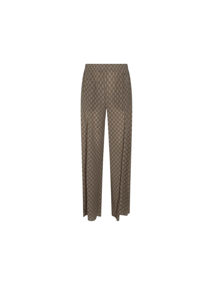 Gucci Beige Original Gg Print Silk Wide-Leg Pants