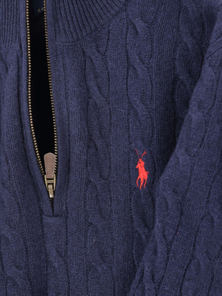 Polo Ralph Lauren Blue Cable Knit Wool-Cashmere Zip-Through Knit