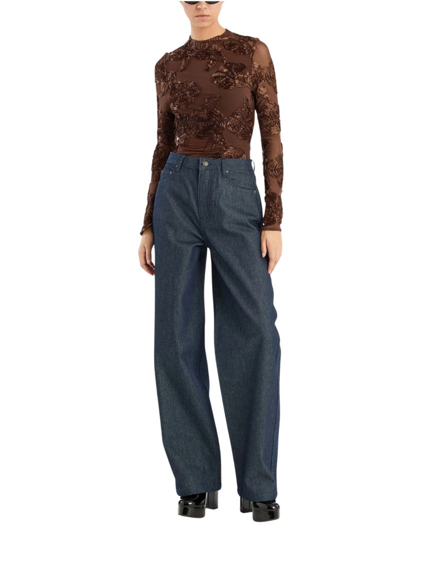 Rotate Floral Appliqué Sheer Mesh Long-Sleeve Top