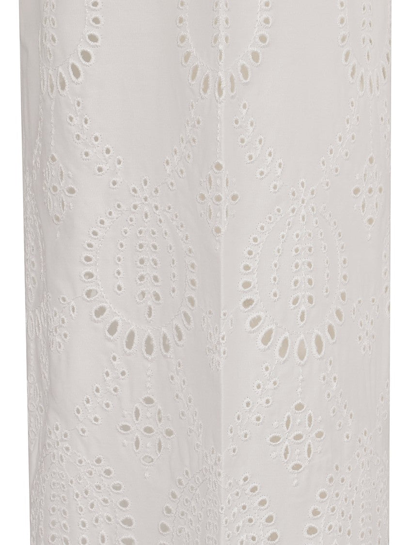 Parosh High-Waisted White Trousers With Intricate Eyelet Embroidery