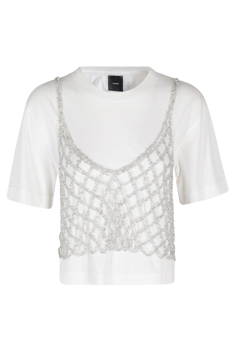 Pinko Metalized Crochet Mesh Overlay Top - White