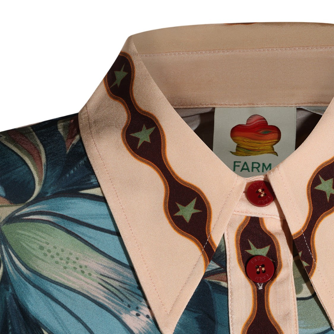 Farm Rio Floral Ruched Waist Pointed Collar Long-Sleeve Top