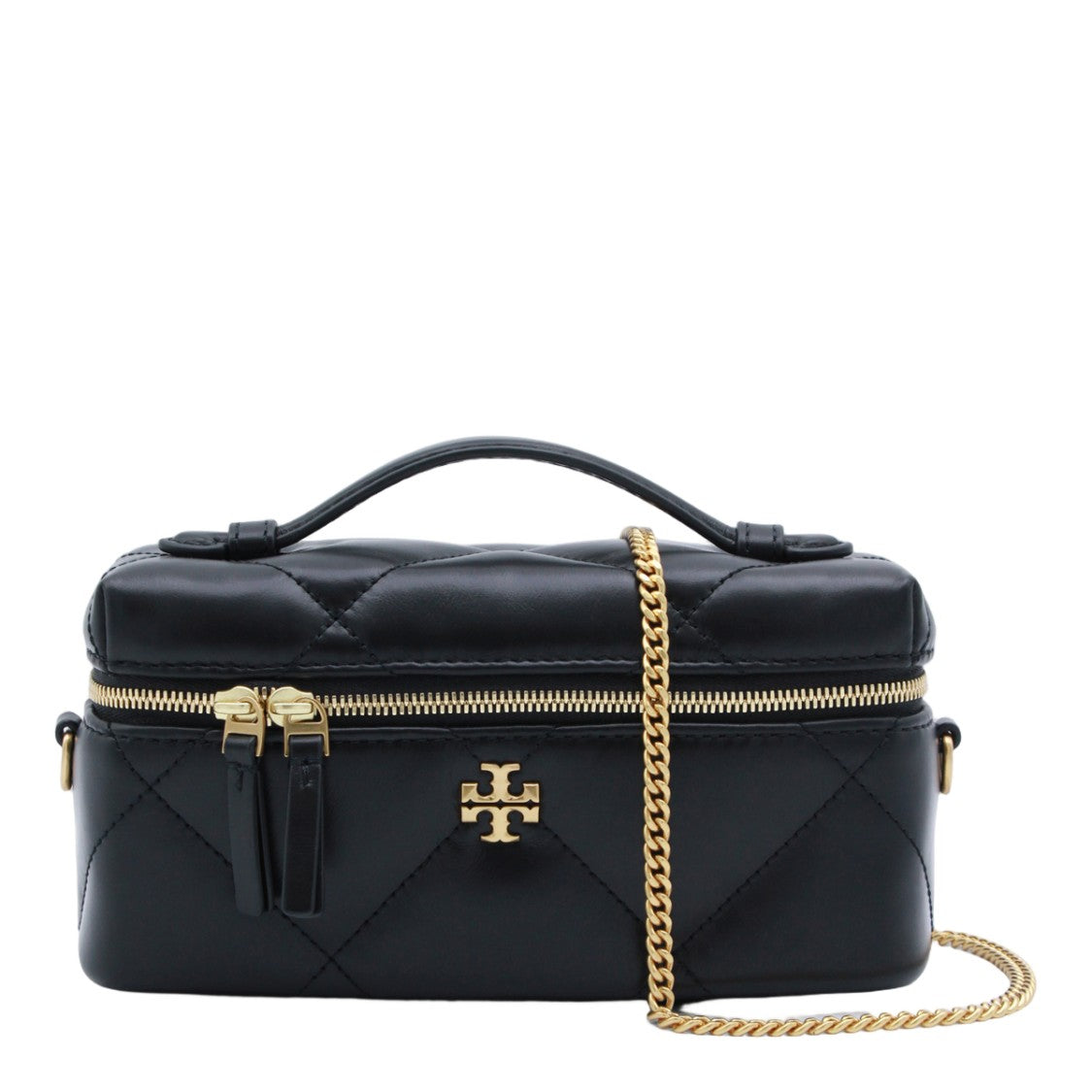 Tory Burch Compact Quilted Black Bag With Gold Accents