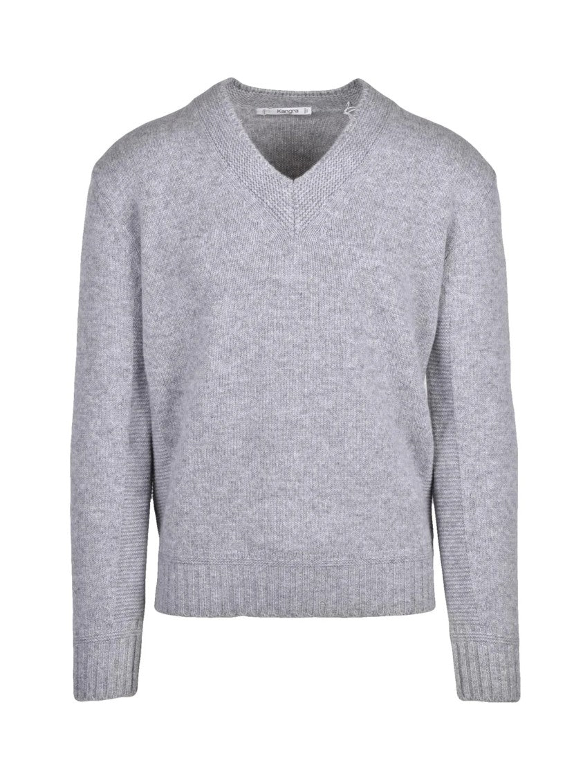 Kangra Light Grey V-Neck Sweater In Extrafine Merino Wool