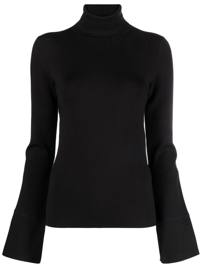 Joseph High Neck Black Silk Stretch Sweater With Flared Cuffs