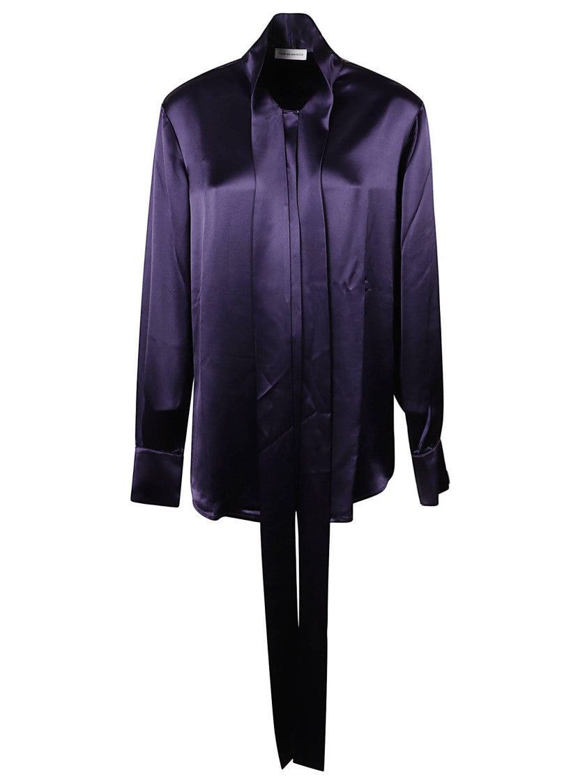 7 For All Mankind Deep Purple Satin Long-Sleeved Bow Tie Shirt