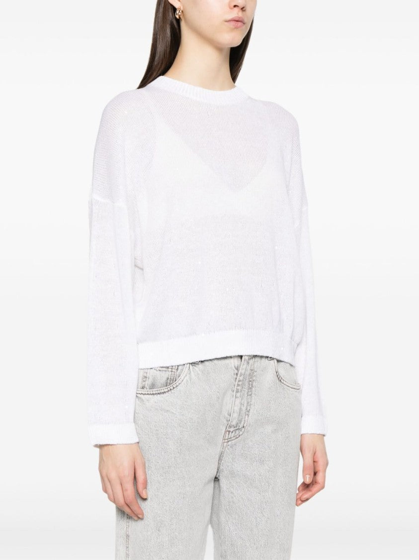 Brunello Cucinelli White Linen-Silk All-Over Sequins Sweater