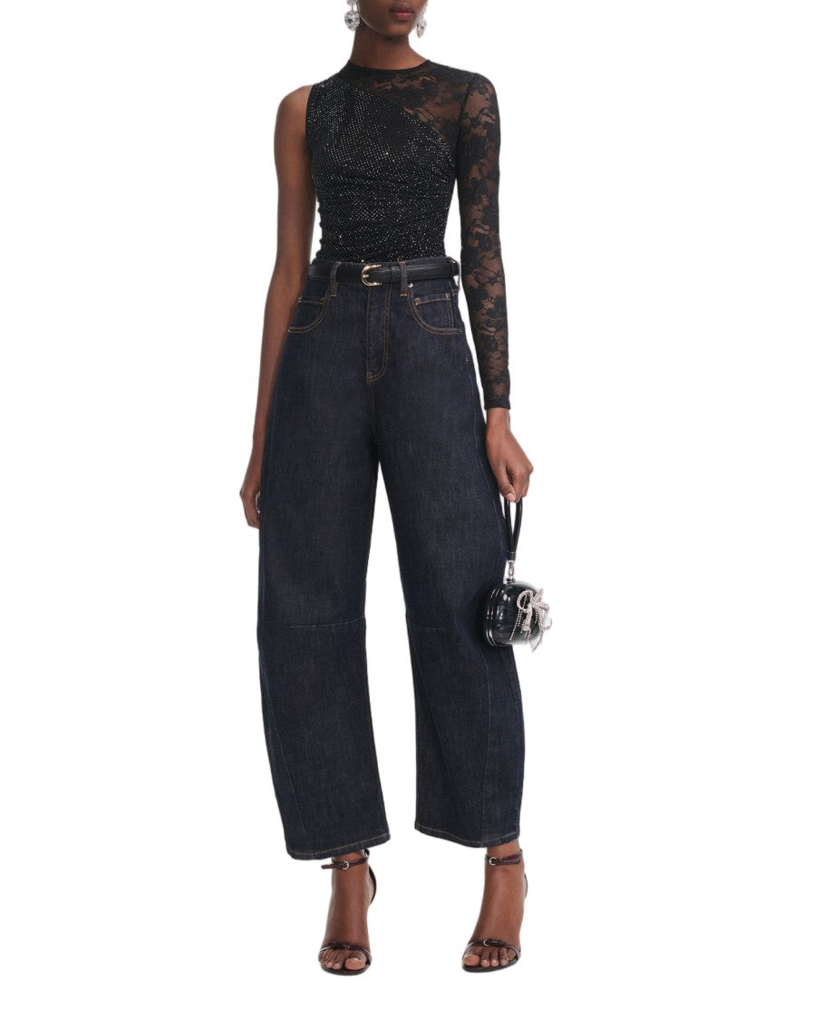 Self-Portrait Asymmetrical One-Shoulder Top With Lace And Rhinestone Embellishments
