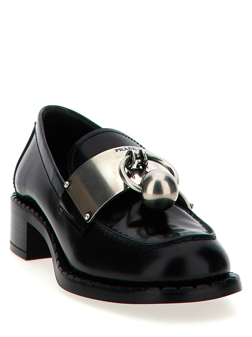 Prada Smoked Brushed Leather Loafers With Metal Piercing Detail