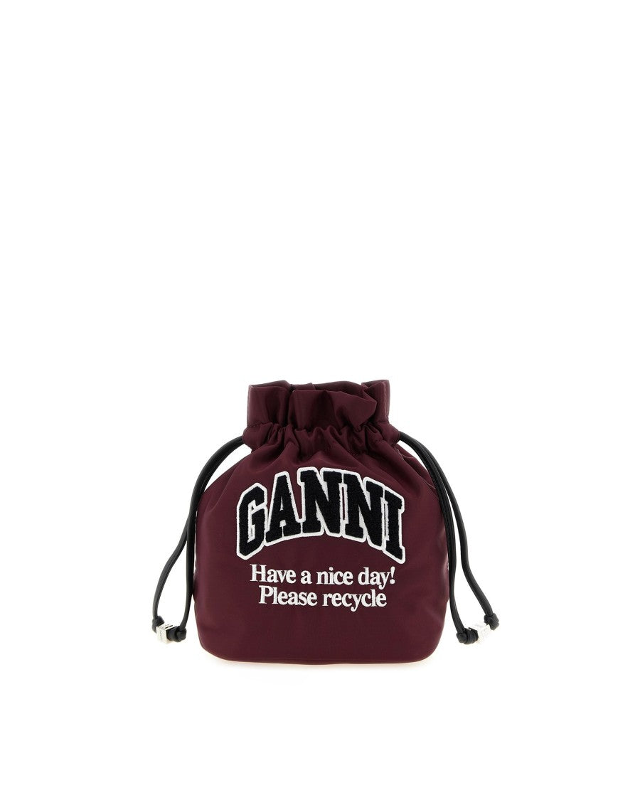 Ganni Bucket Bag With Gathered Plush Top And Embroidered Logo