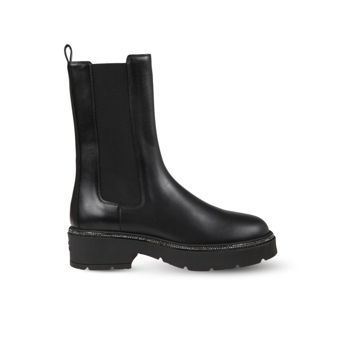 René Caovilla Mid-Calf Black Calf Leather Biker Boots With Lace-Up Detail